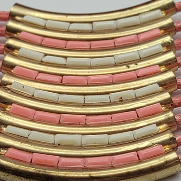 Pink And Gold Multi Strand Cord Tube Bib Necklace 19 In Gold Tone Lobster Clasp - Picture 2 of 6